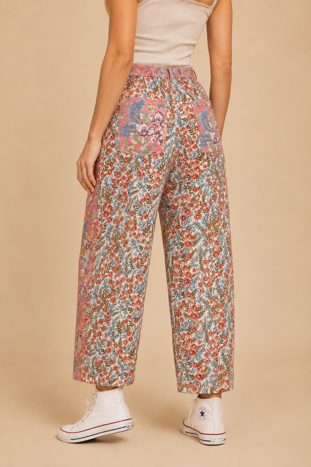 Tapestry Mixed-Print Wide-Leg Barrel Fit Pants