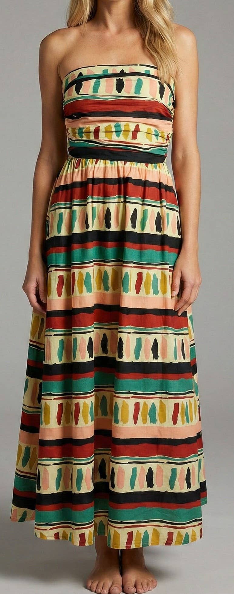 Multi Stripe Poplin Strapless Maxi Dress