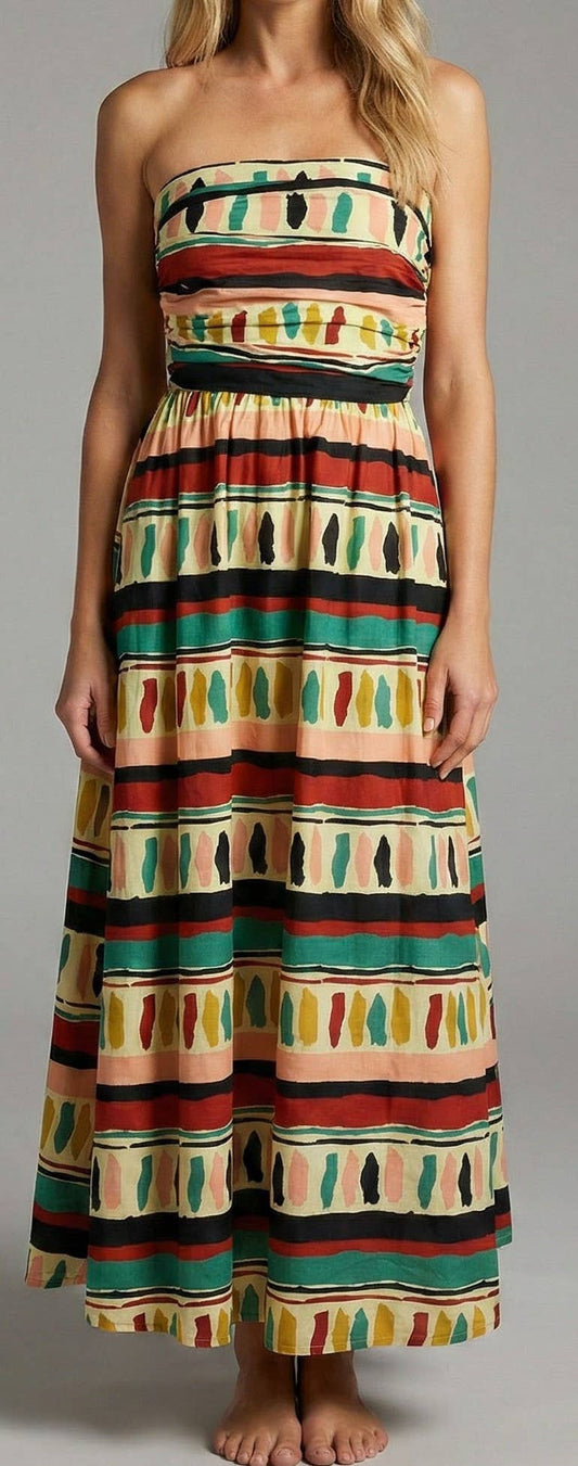 Multi Stripe Poplin Strapless Maxi Dress