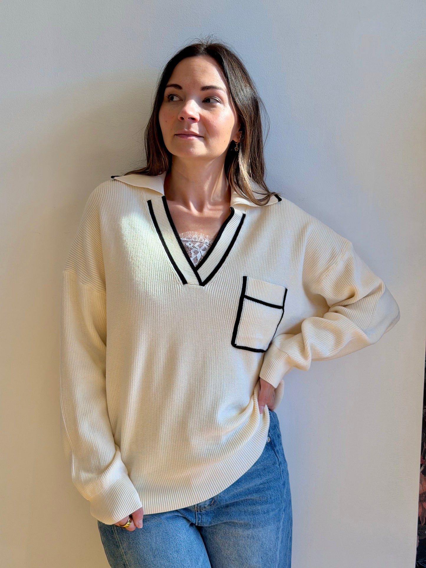 Ribbed Collared Pullover Sweater