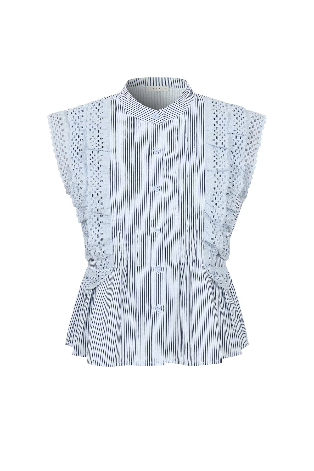 Stripe Sleeveless Pintuck Blouse with Lace Trim