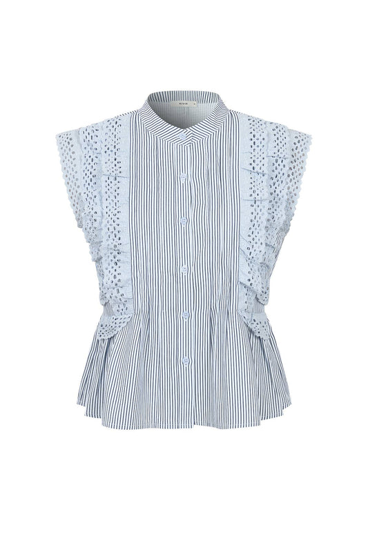 Stripe Sleeveless Pintuck Blouse with Lace Trim