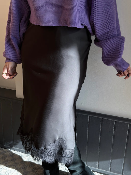 Satin Lace Hem Pencil Skirt