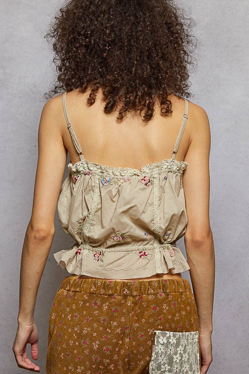 Floral Embroidered Tie Waist Tank