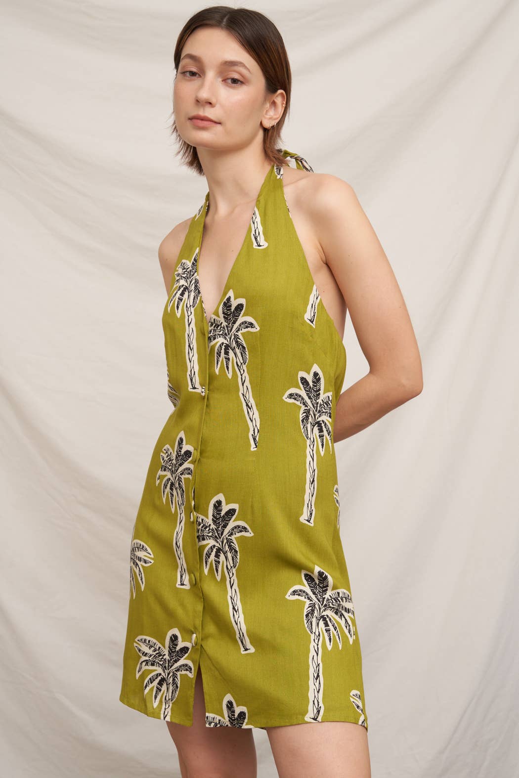 Halter Neck Palm Tree Print Mini Dress