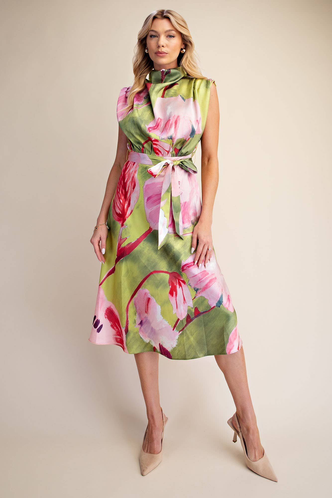 Floral Cowl Neck Sleeveless Midi Dress