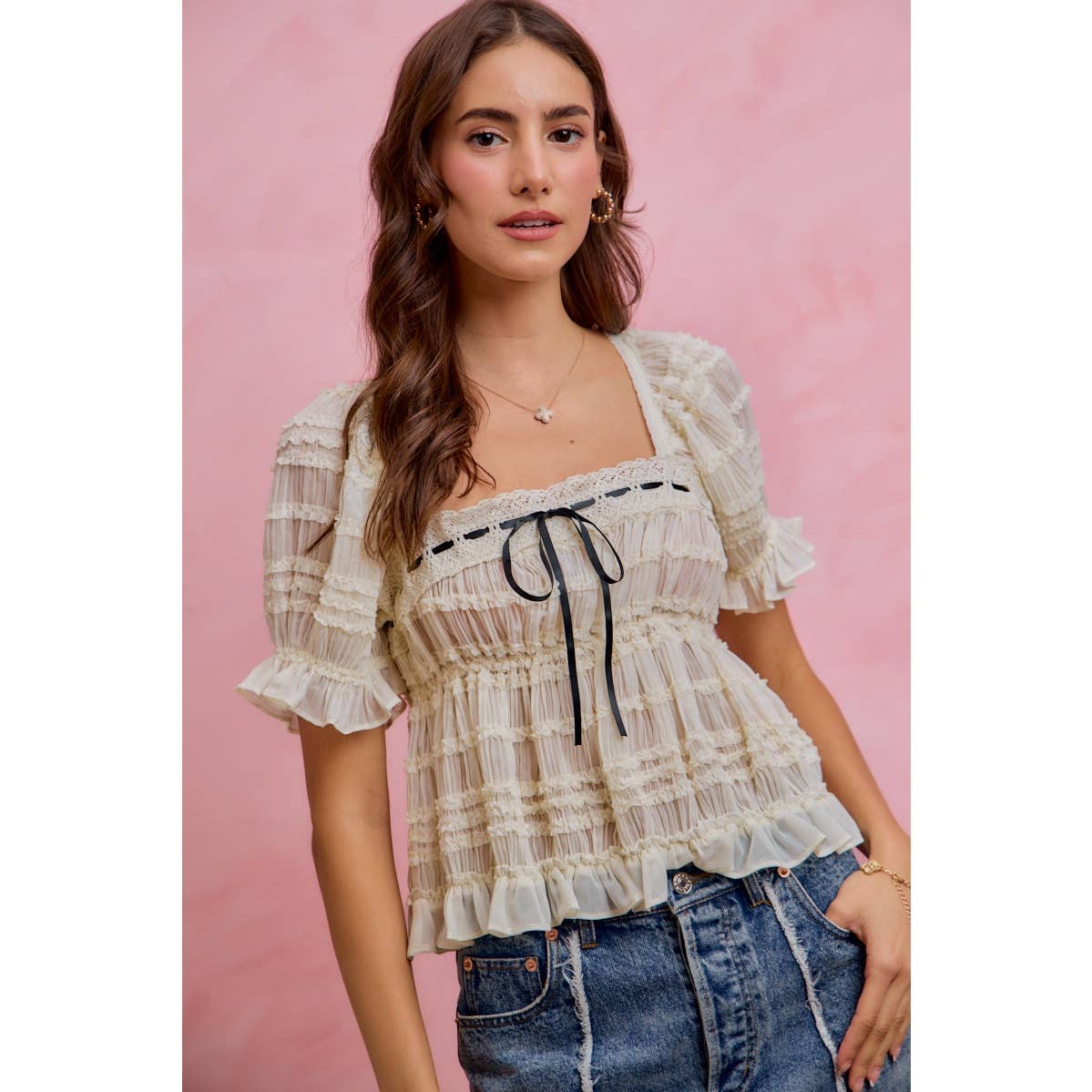 Shirred Lace Ruffle Puff Sleeve Blouse