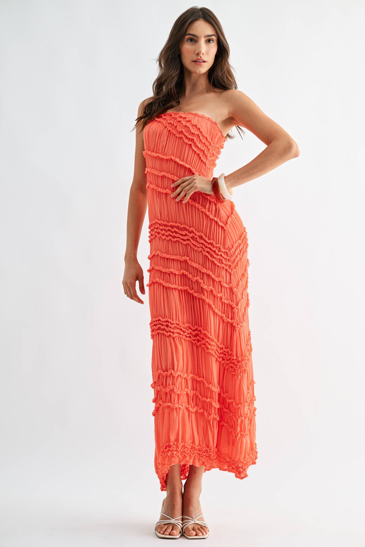Strapless Textured Pleated Maxi Dress