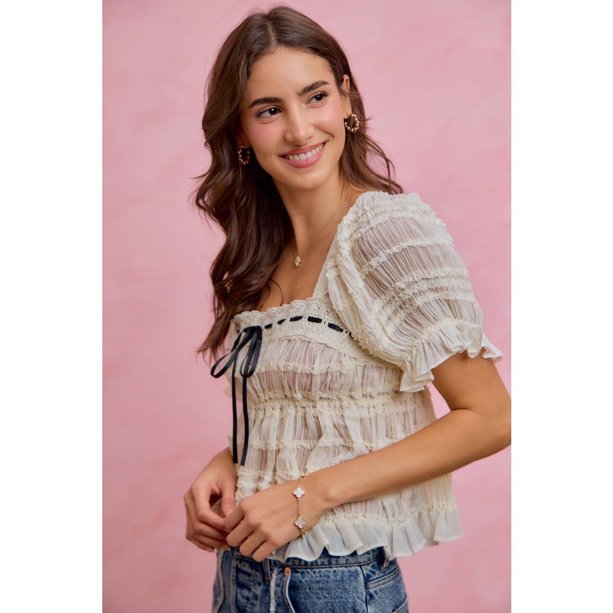 Shirred Lace Ruffle Puff Sleeve Blouse