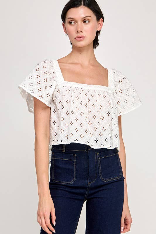Cropped Eyelet Flutter Blouse
