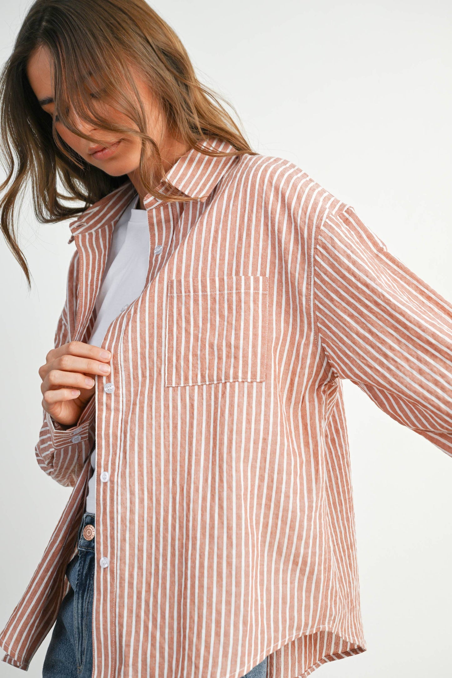 Cropped Striped Button-Up Collared Long Sleeve Top