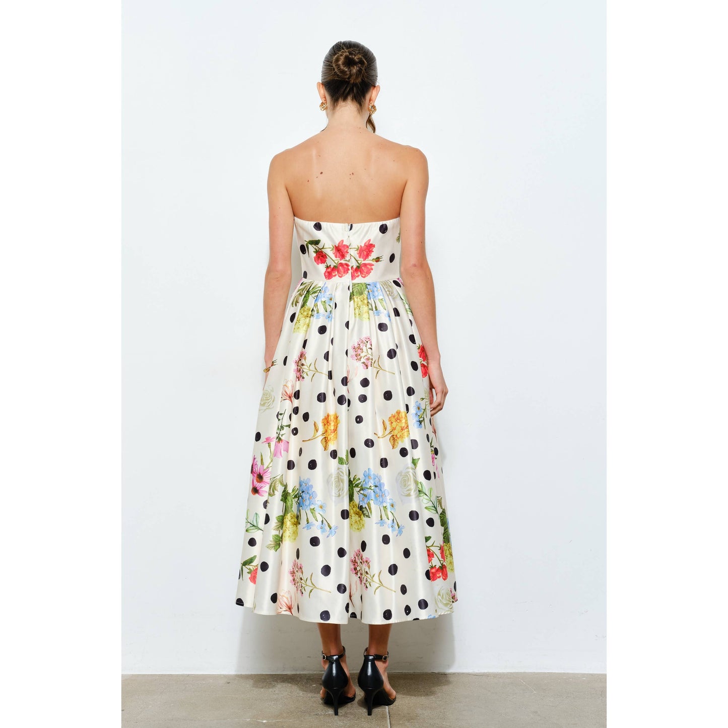 Floral Polka Dot Strapless Satin Dress