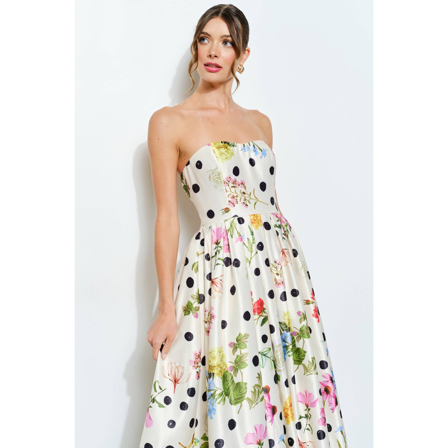 Floral Polka Dot Strapless Satin Dress