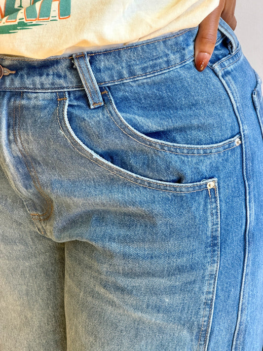 Cuffed Wide Leg Denim Pants