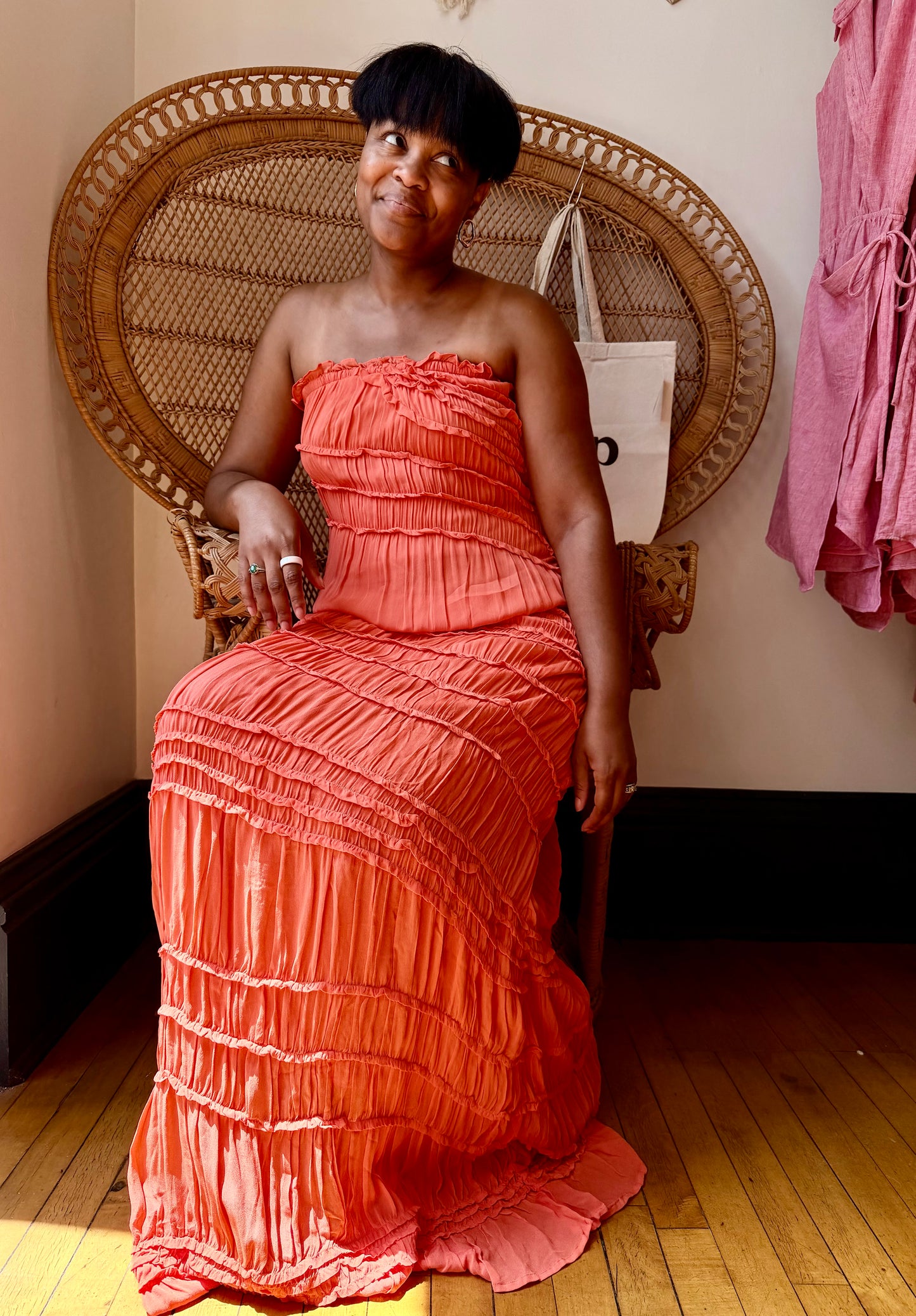 Strapless Textured Pleated Maxi Dress