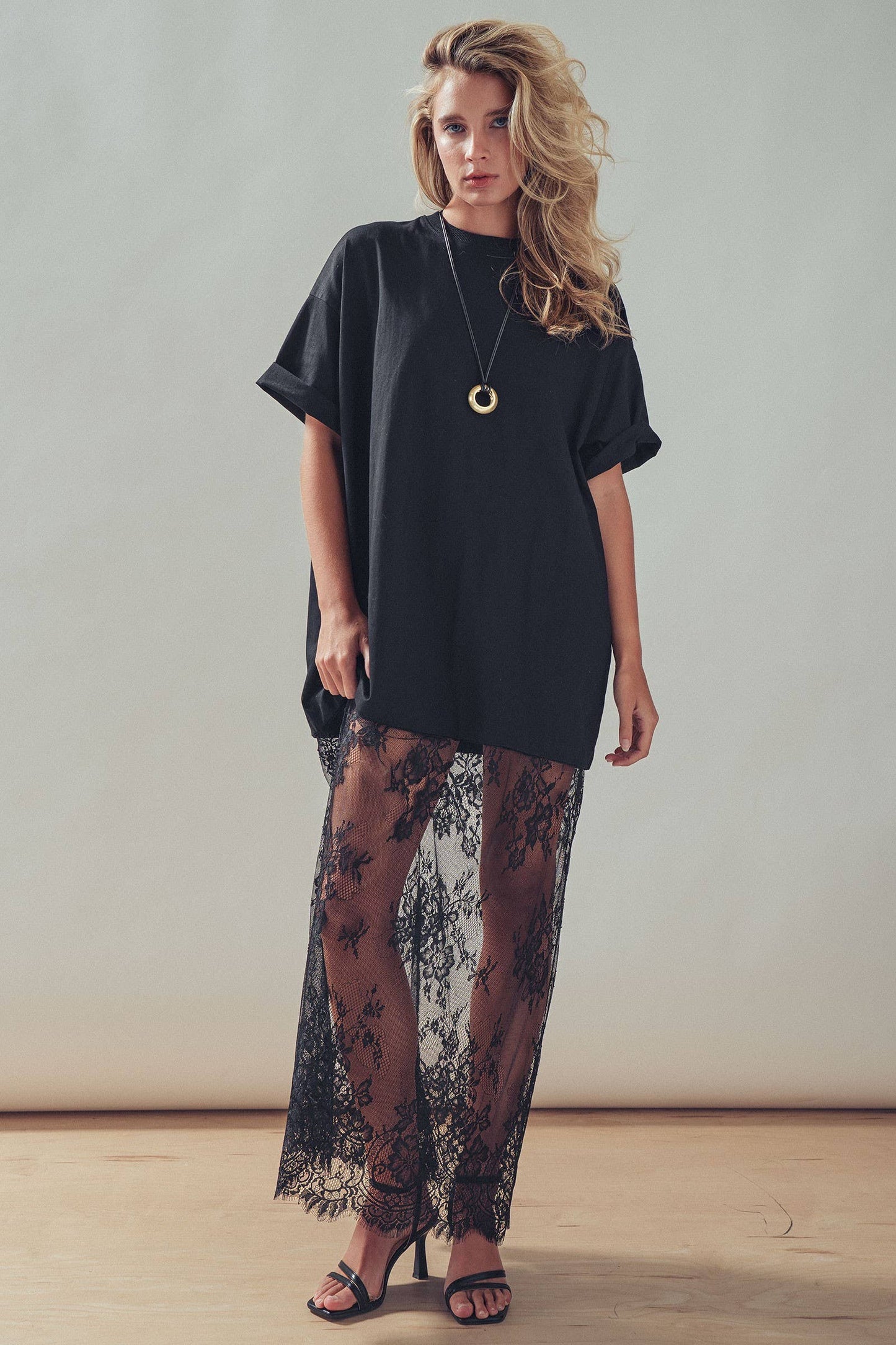 Mixed-Media Lace T-Shirt Dress