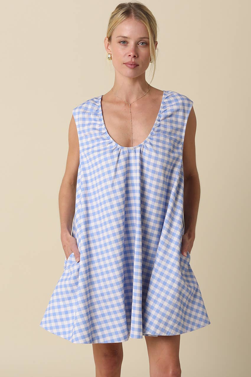 Gingham Denim Swing Mini Dress
