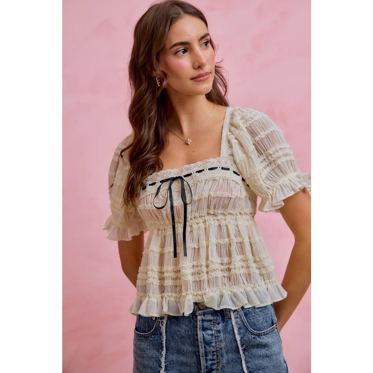 Shirred Lace Ruffle Puff Sleeve Blouse