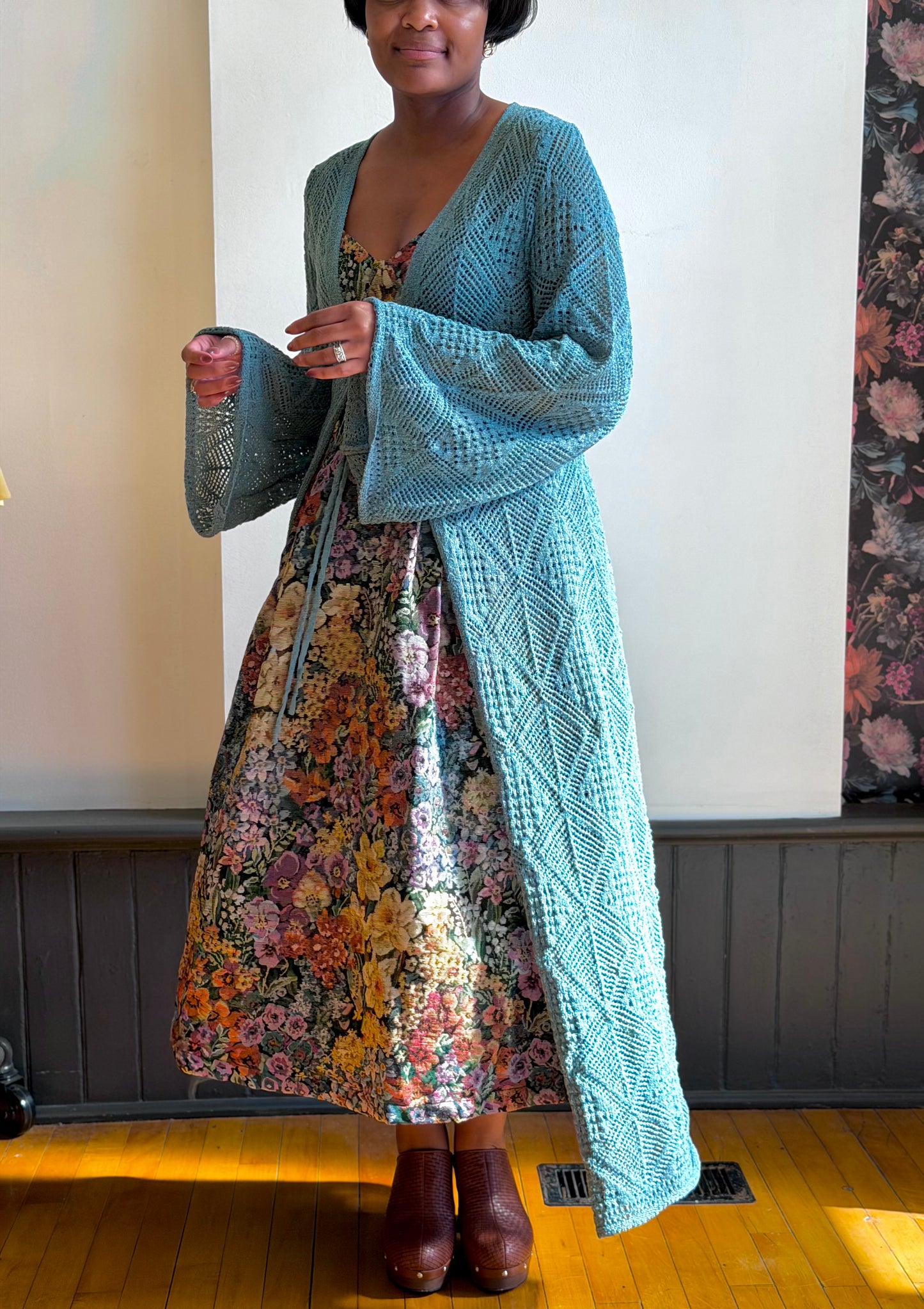 Tie-front Pointelle Crochet Duster