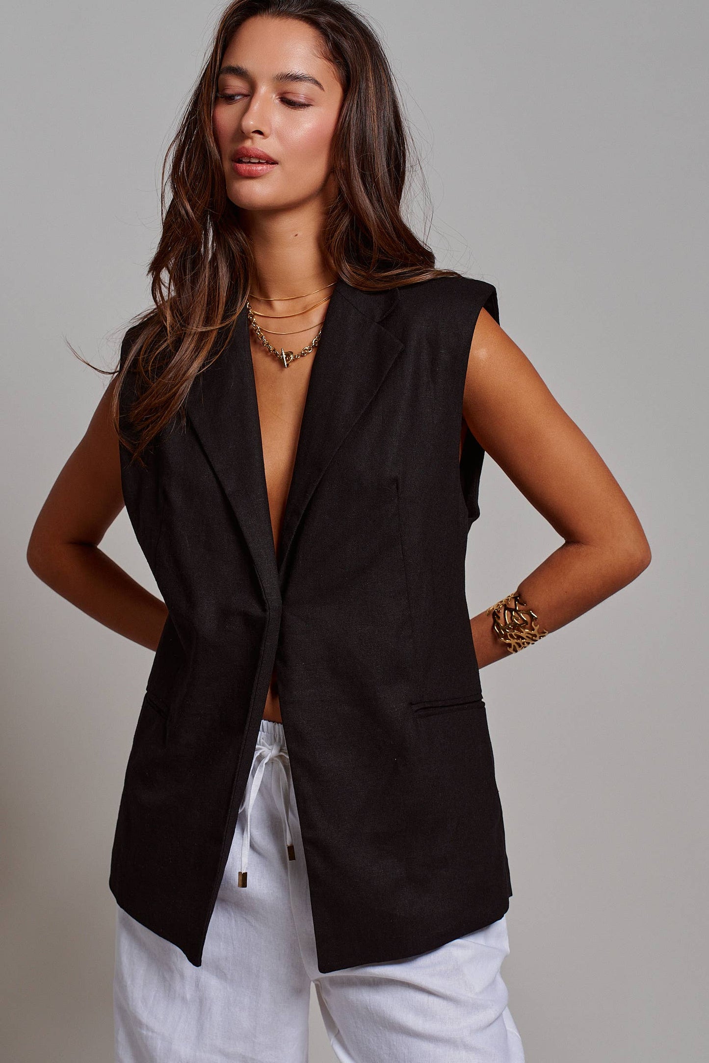 Linen Blend Tailored Notched Lapel Vest