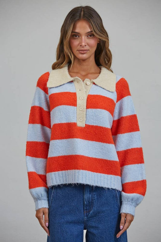 Striped Polo Color Block Henley Sweater
