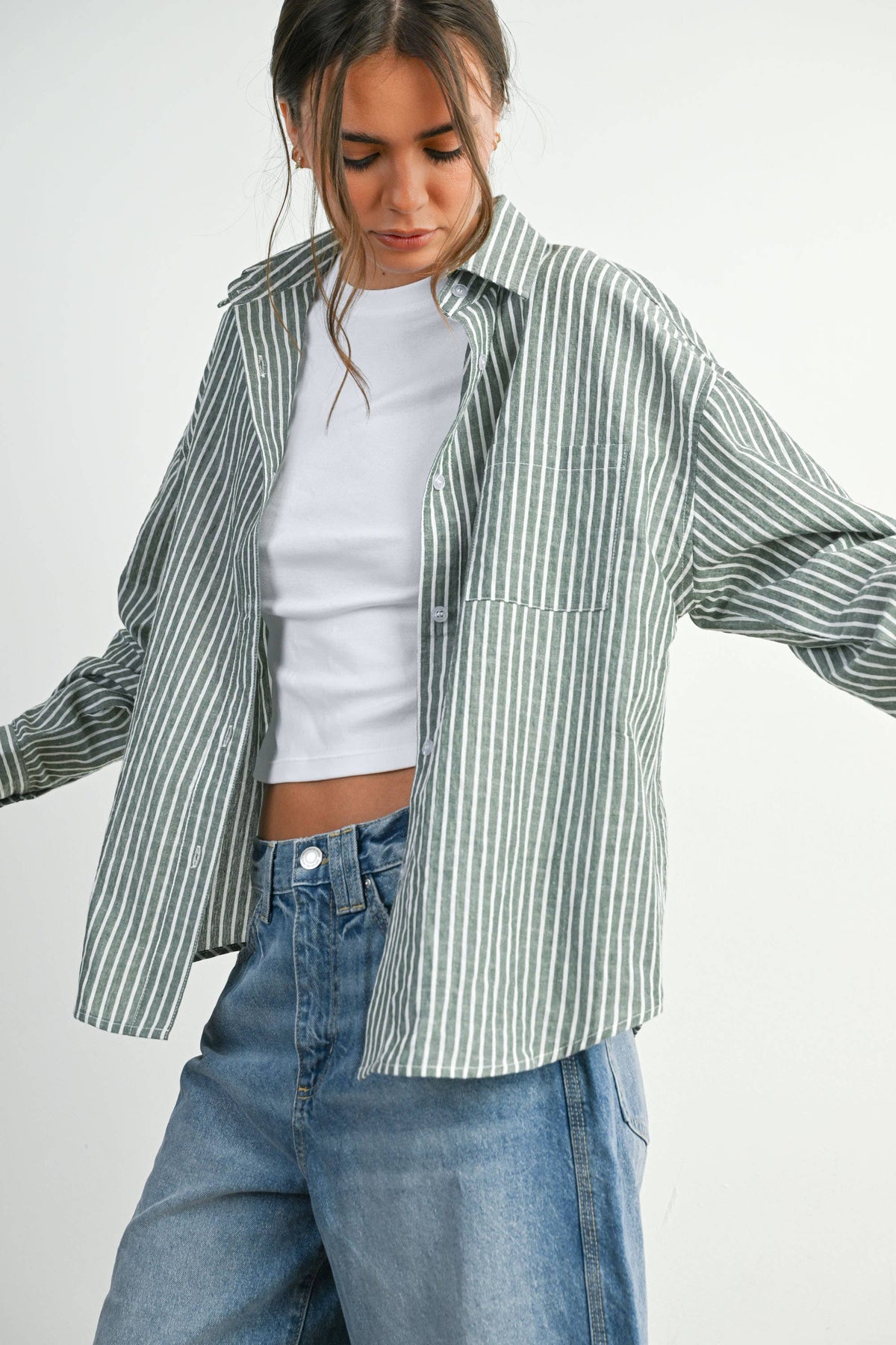 Cropped Striped Button-Up Collared Long Sleeve Top
