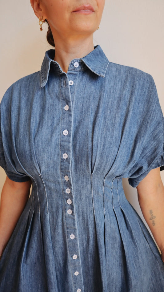 Pleated Button Front Denim Dress