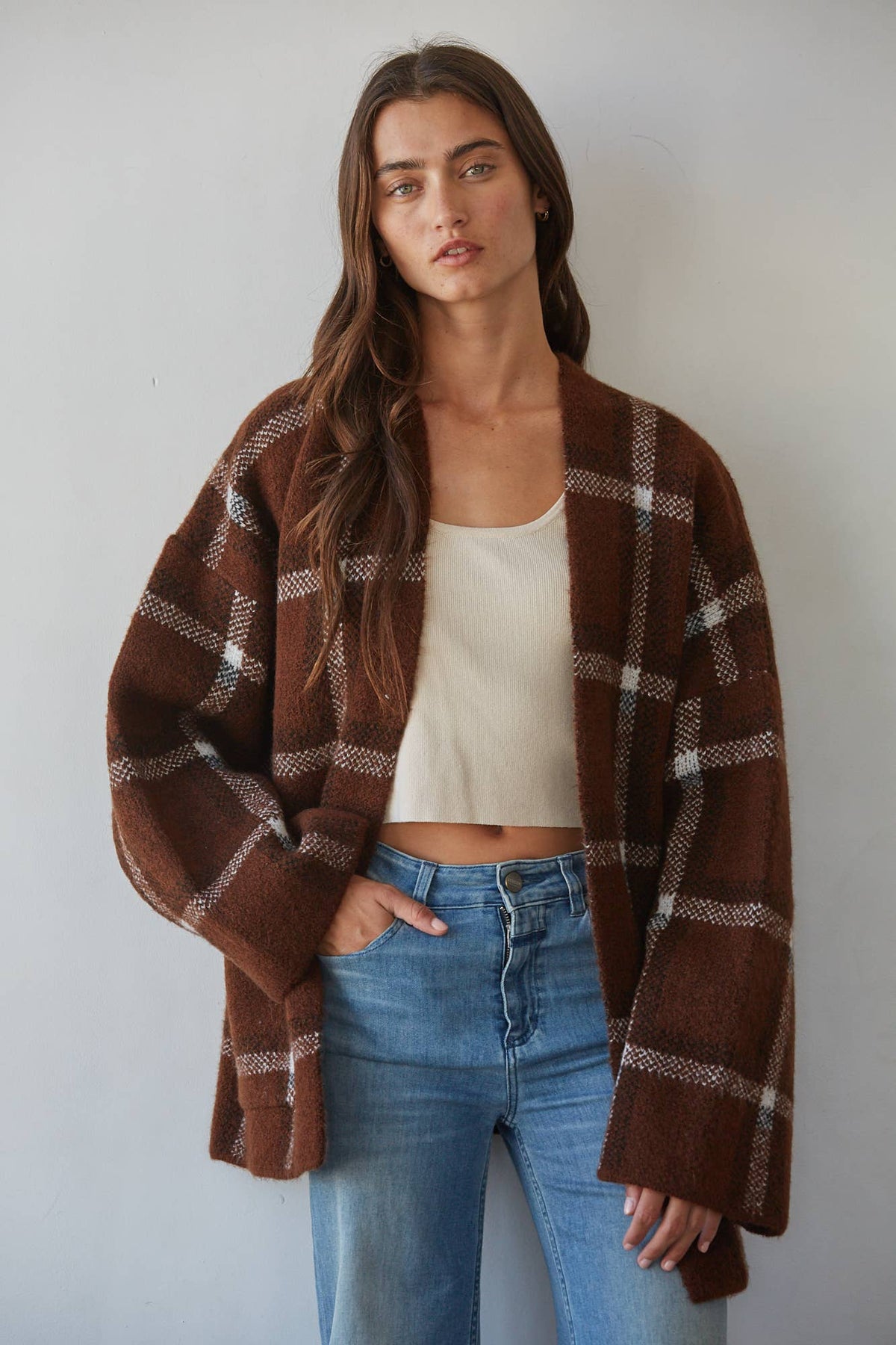 Cozy Plaid Jacquard Open-Front Cardigan