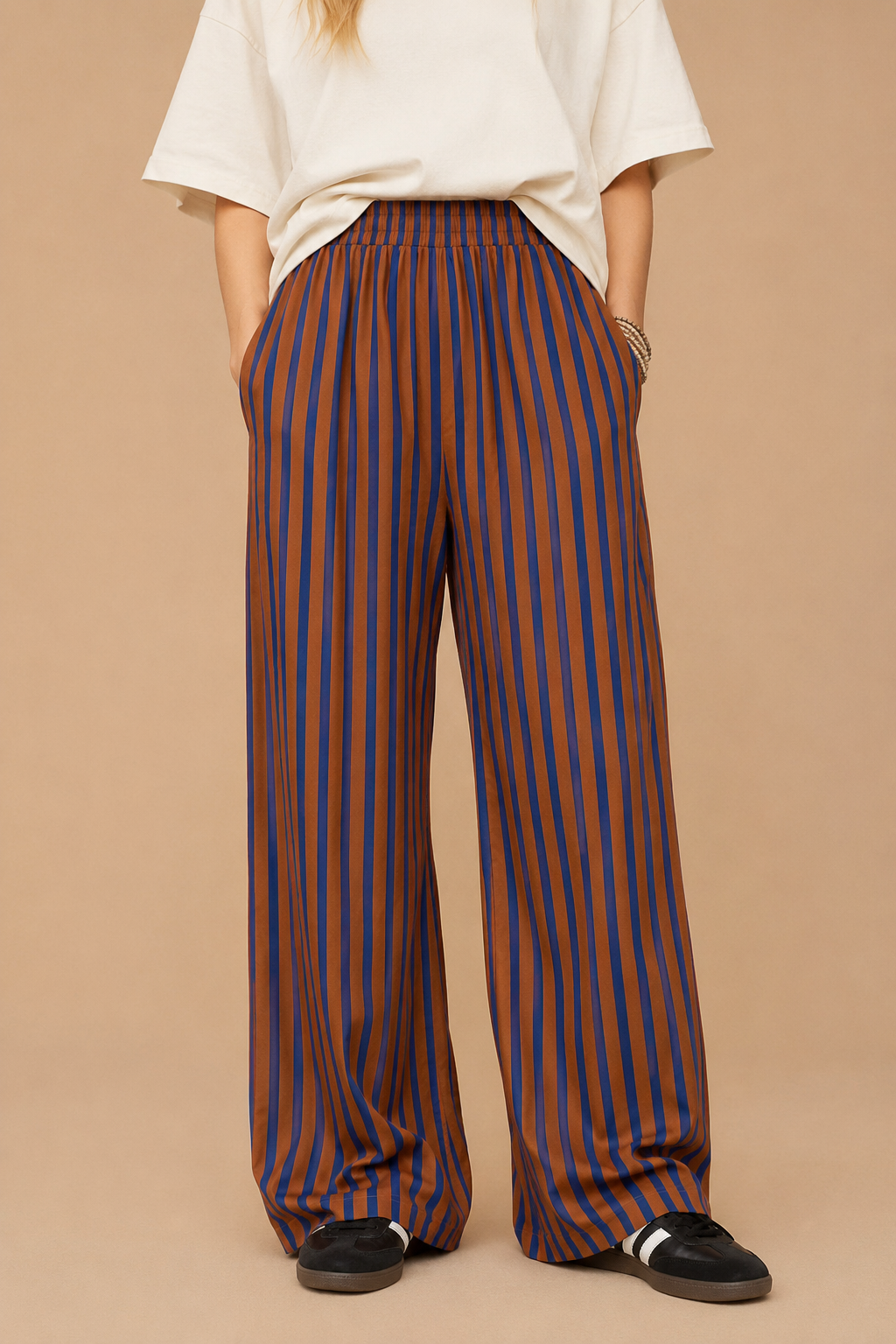 Striped Wide-Leg Pull-On Pants