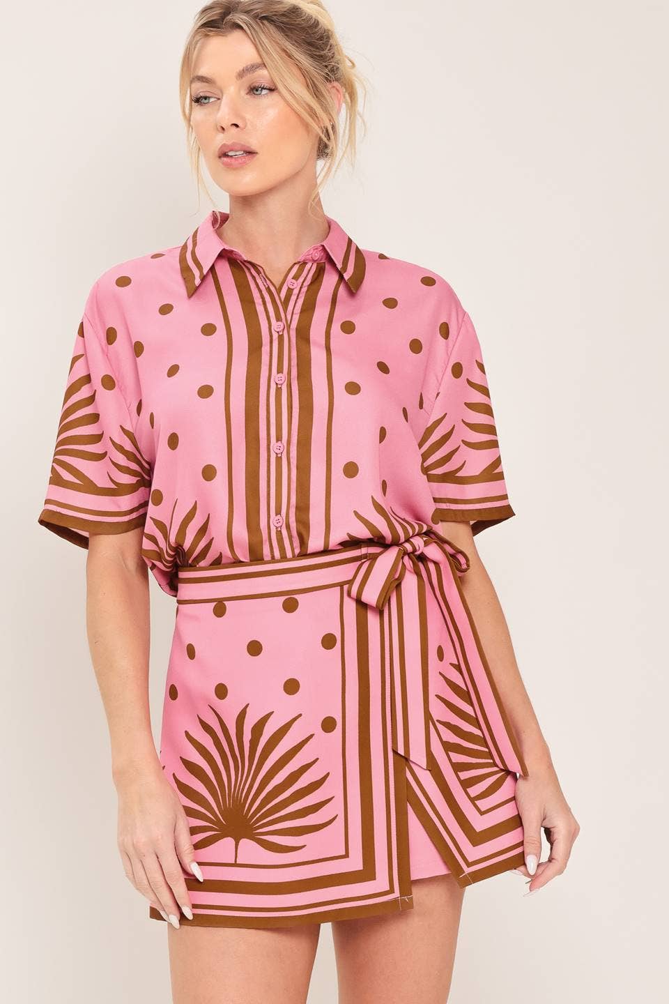 Palm Print Button Front Blouse