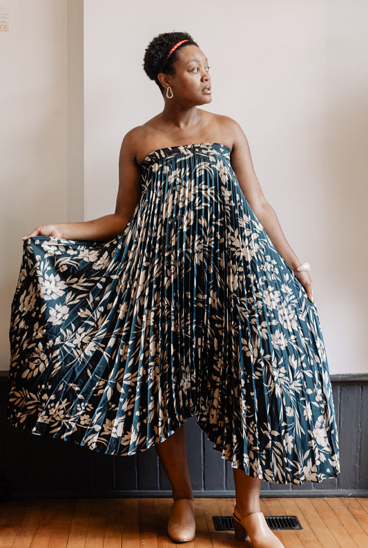 Floral Asymmetrical Pleated Maxi Dress