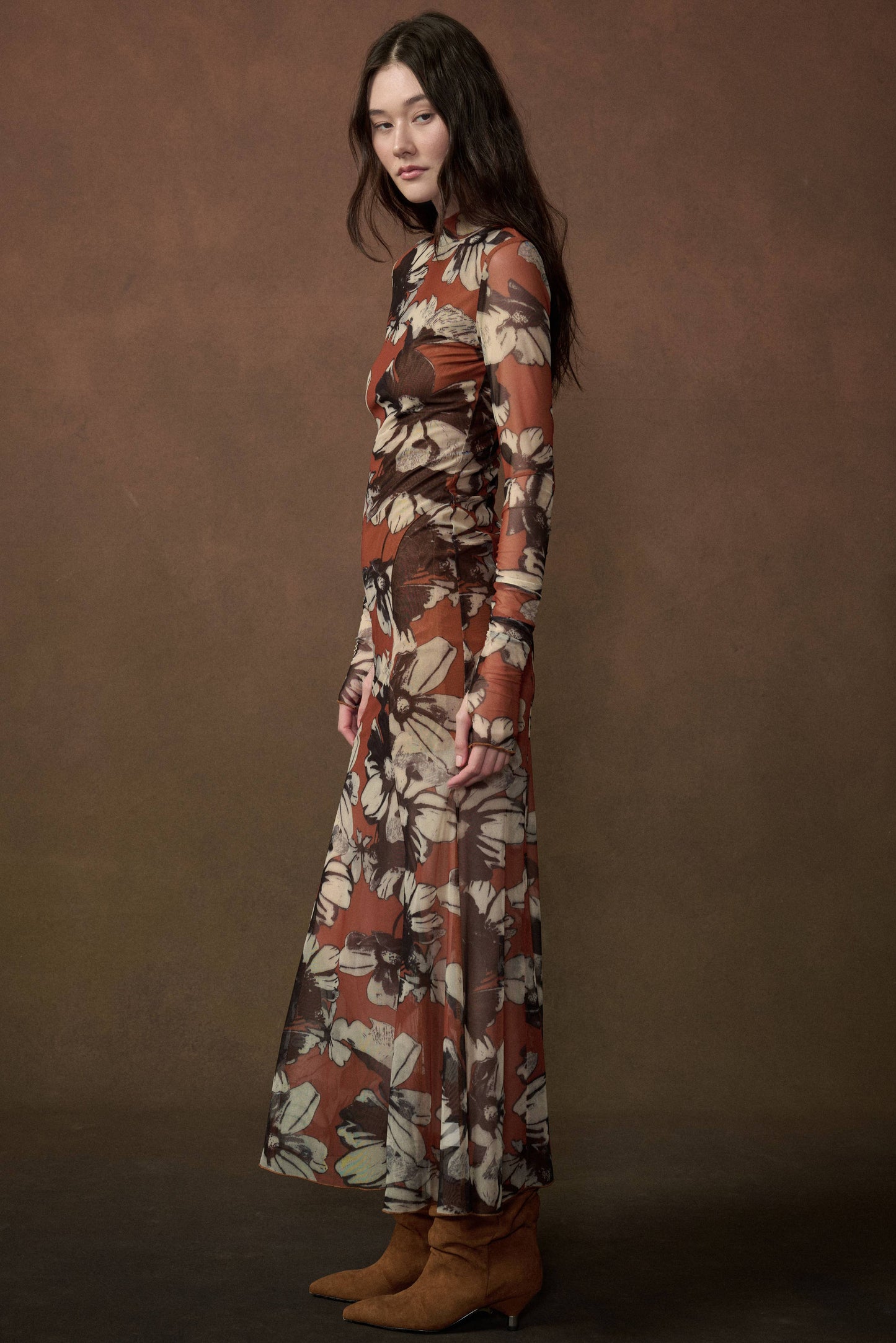 Floral-Print Mesh Mock-Neck Thumbhole Maxi Dress
