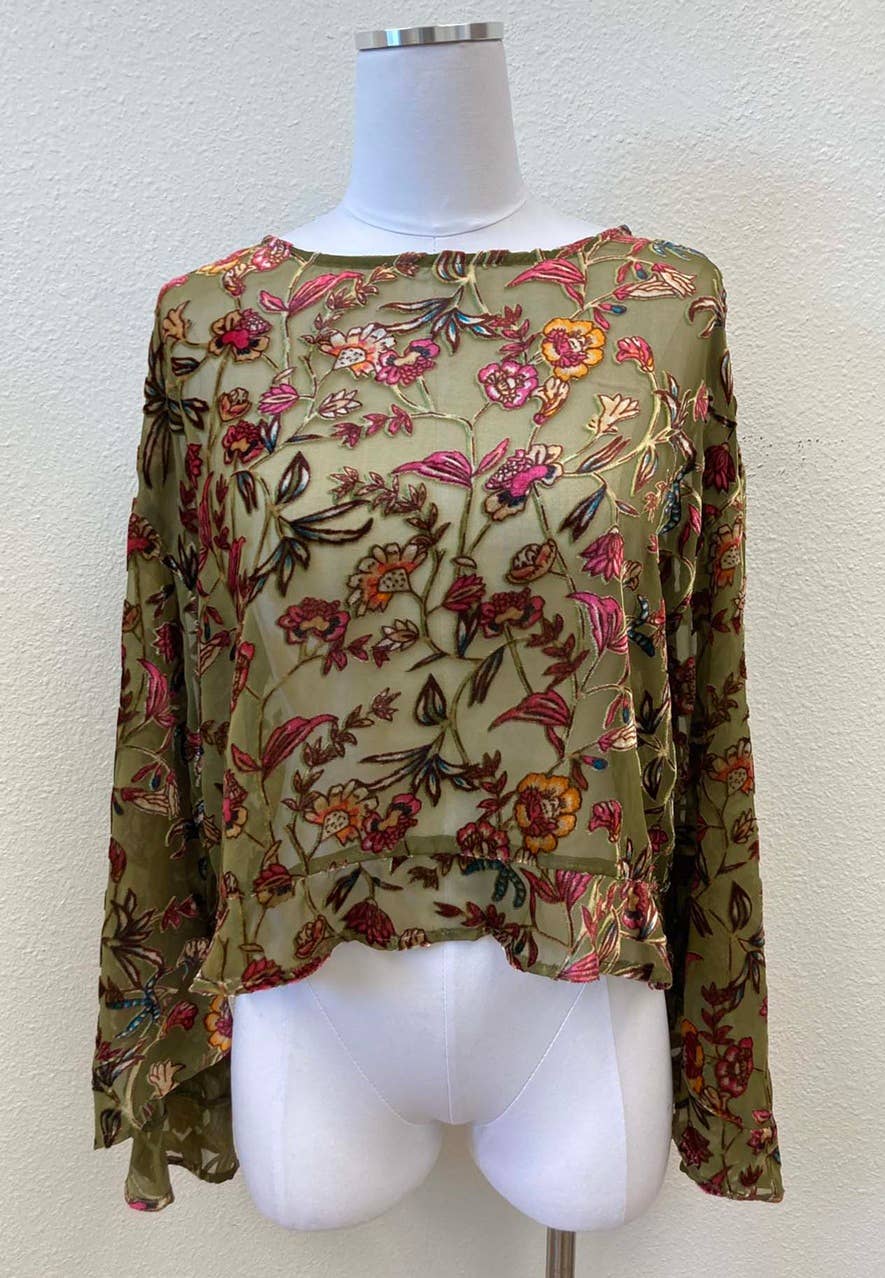 Velvet Burnout Bell Sleeve Blouse