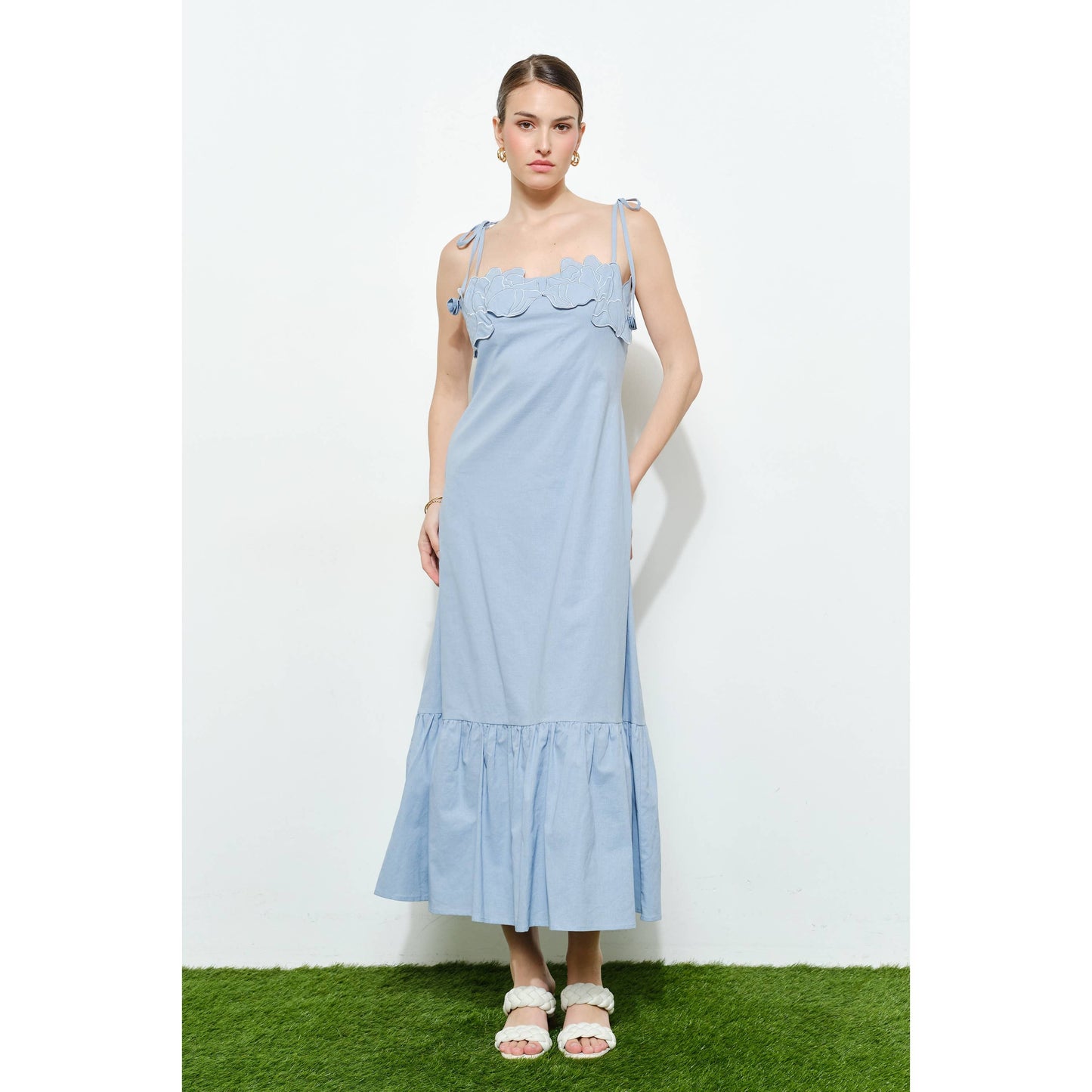Embroidered Bow Strap Maxi Dress