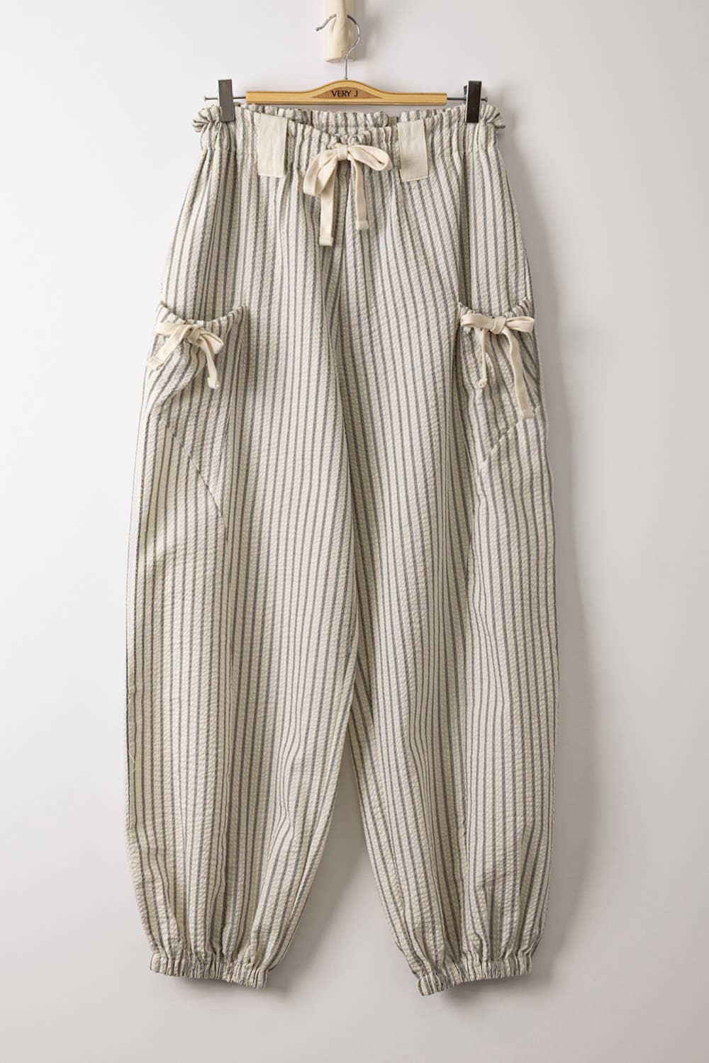 Bow Detail Stripe Textured Woven Balloon Pants
