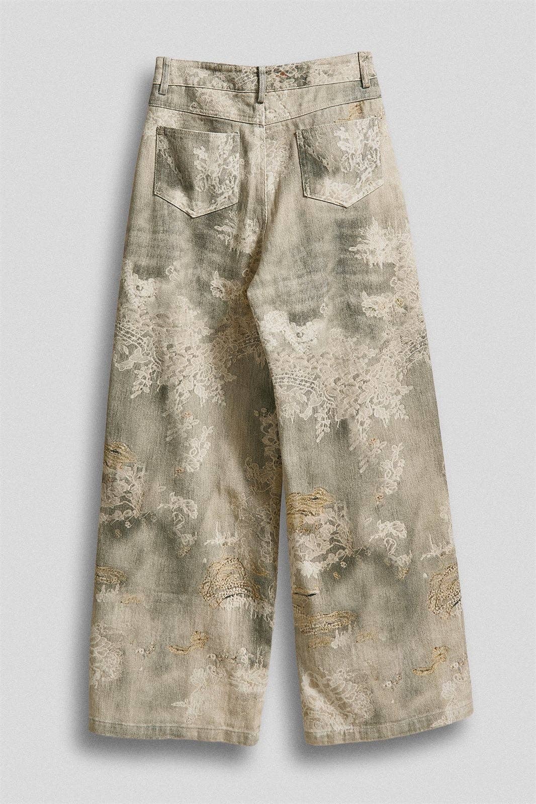 Lace Print Wide Leg Cotton Pants