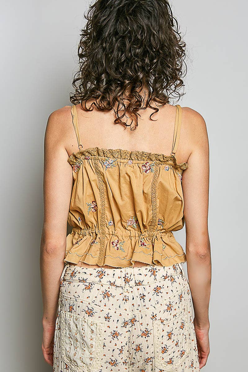 Floral Embroidered Tie Waist Tank