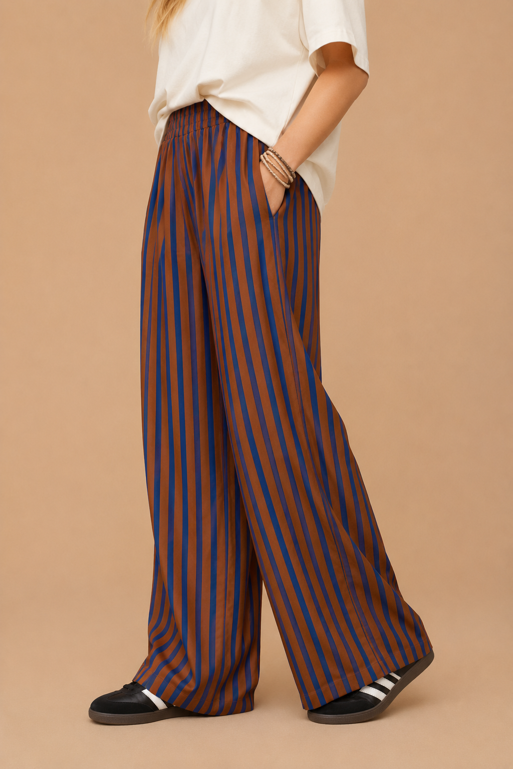 Striped Wide-Leg Pull-On Pants