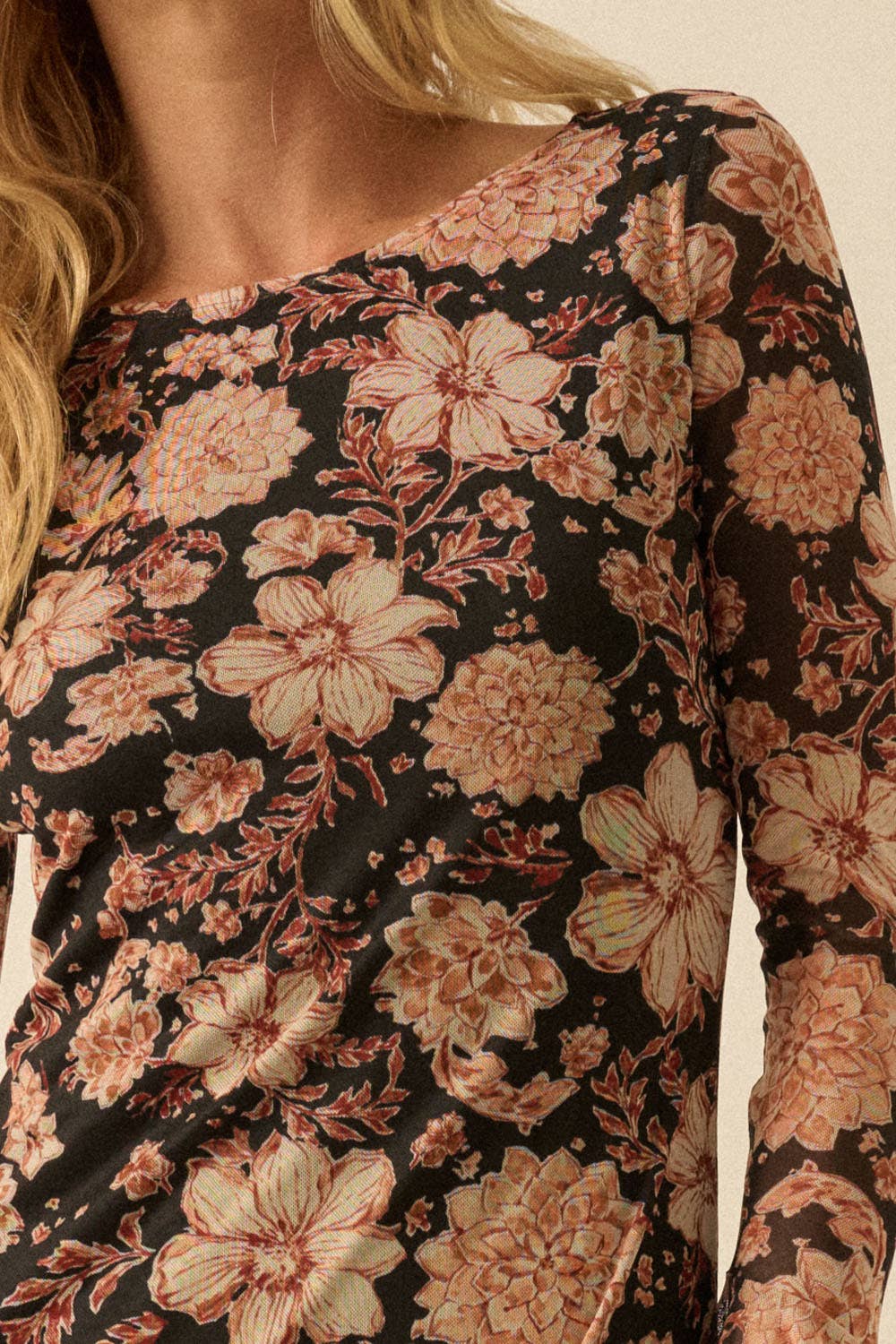 Floral Mesh Trumpet-Sleeve Asymmetrical Maxi Dress