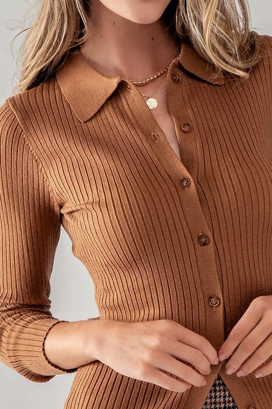 Ribbed Knit Collared Cardigan