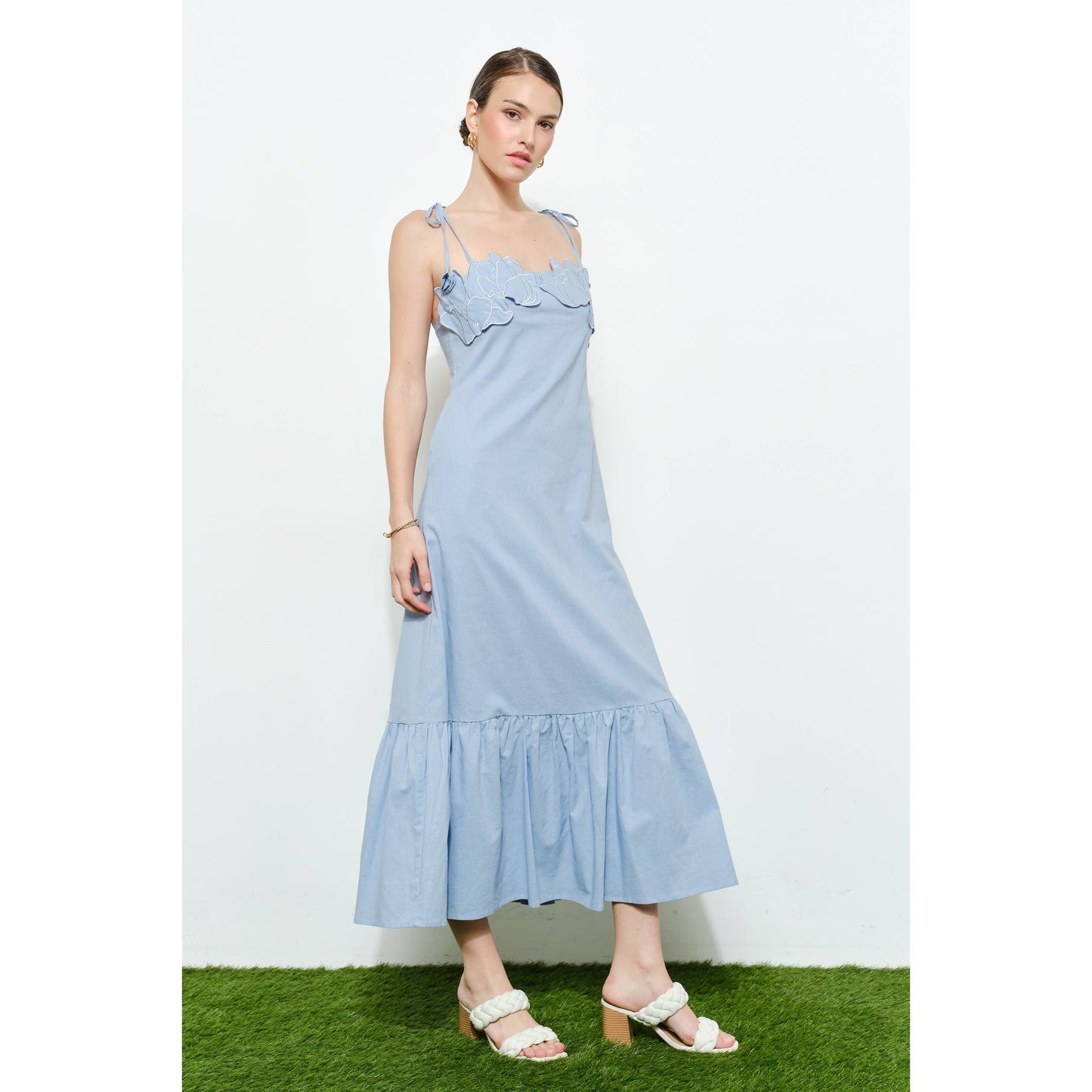 Embroidered Bow Strap Maxi Dress