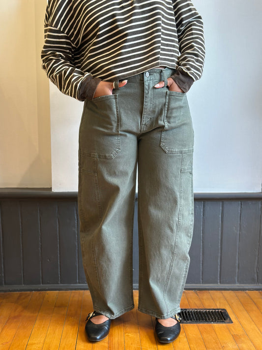 High Rise Elastic Waist Barrel Denim