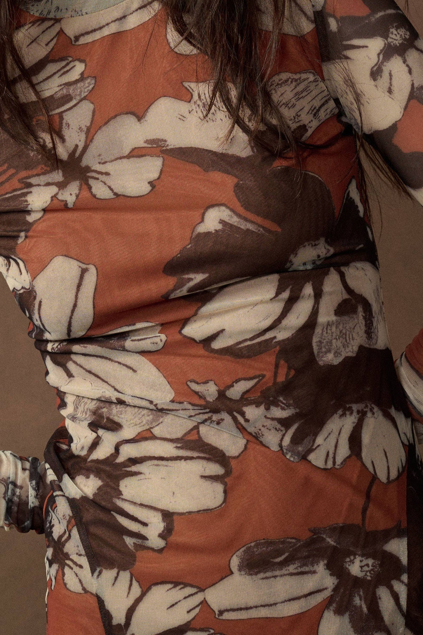 Floral-Print Mesh Mock-Neck Thumbhole Maxi Dress
