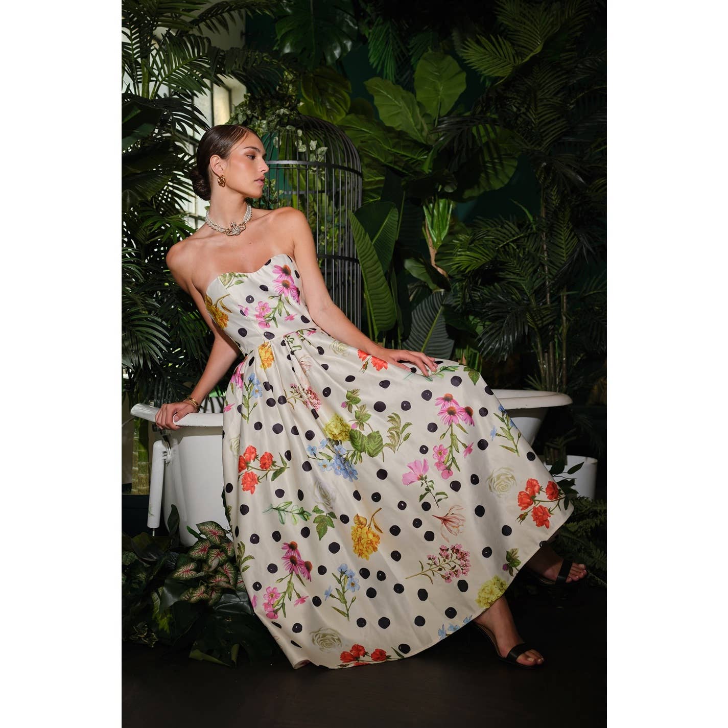 Floral Polka Dot Strapless Satin Dress