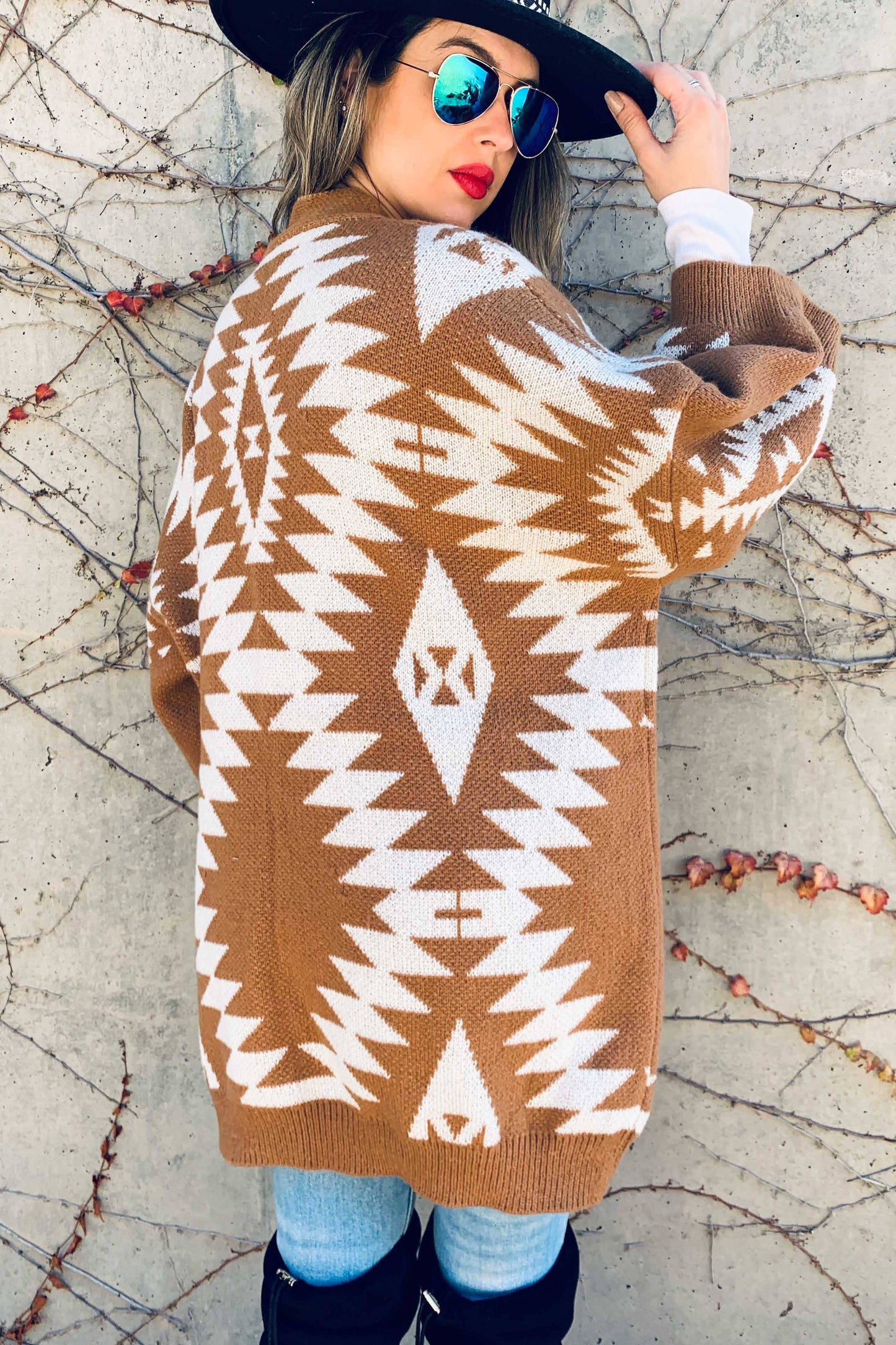 Open Front Aztec Printed Knitted Cardigan