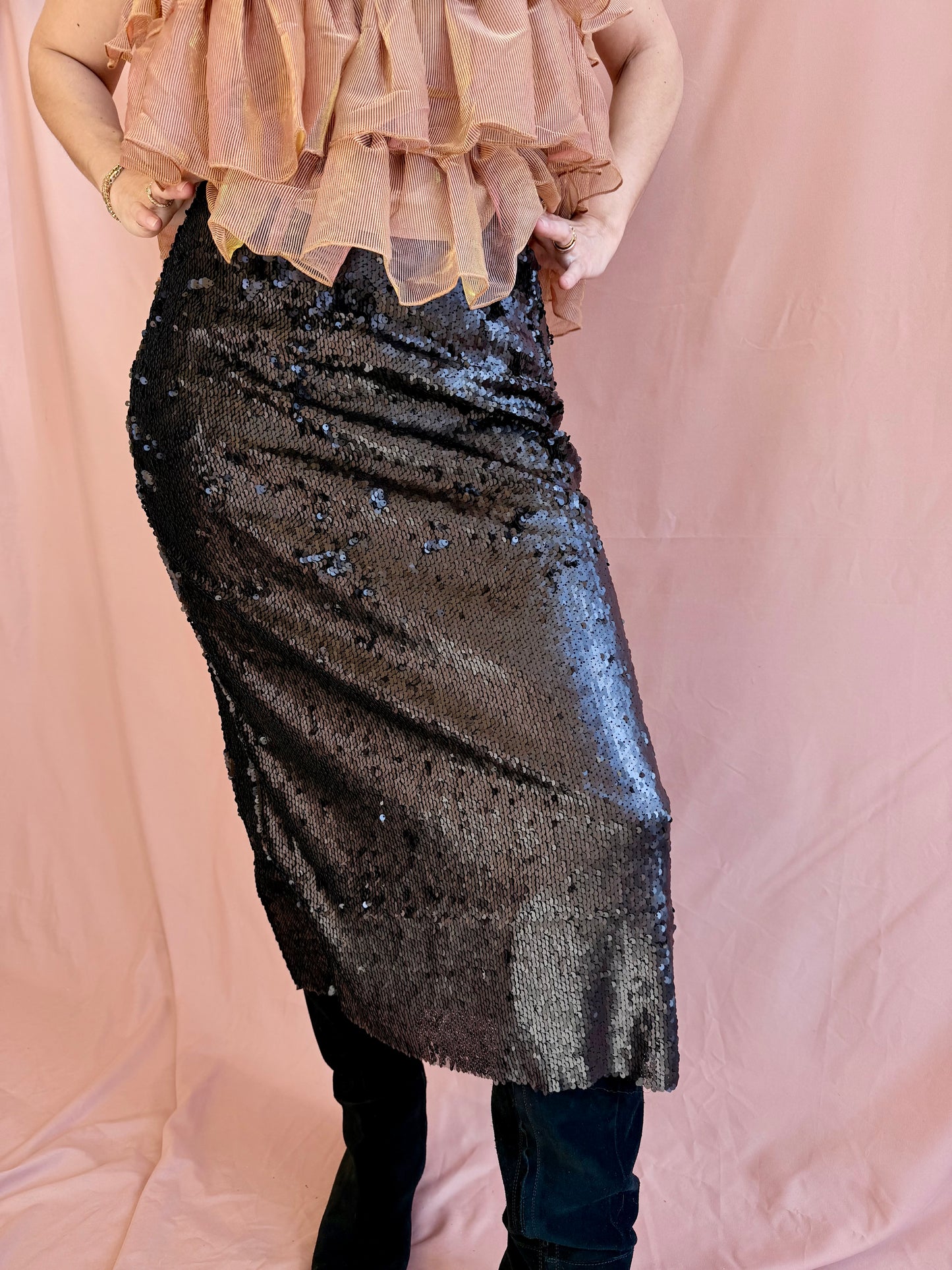 Layered Mesh Sequin Midi Skirt