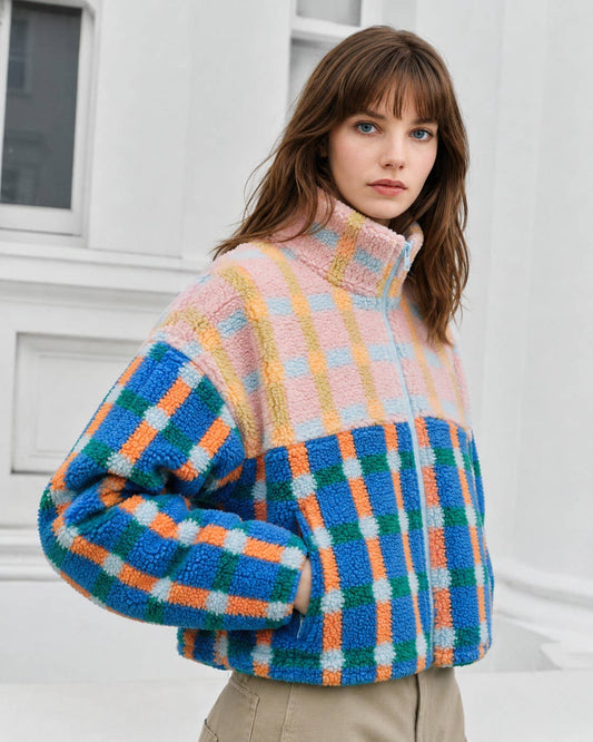Colorblock Plaid Sherpa Zip-Up Jacket
