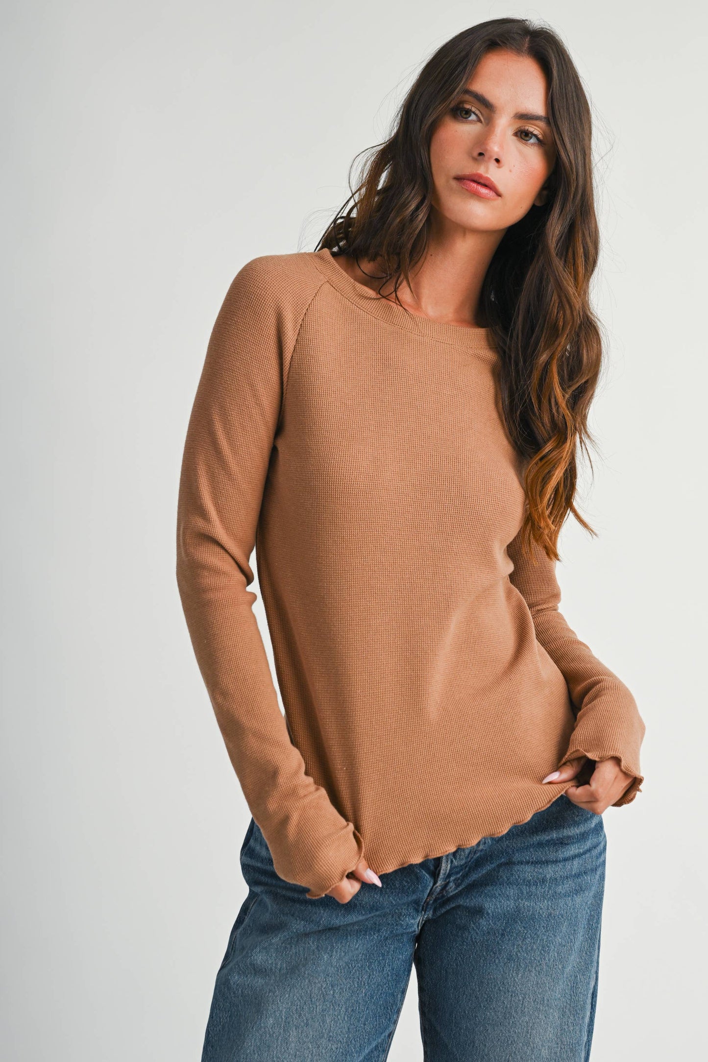 Thermal Knit Lettuce Edge Long Sleeve Top