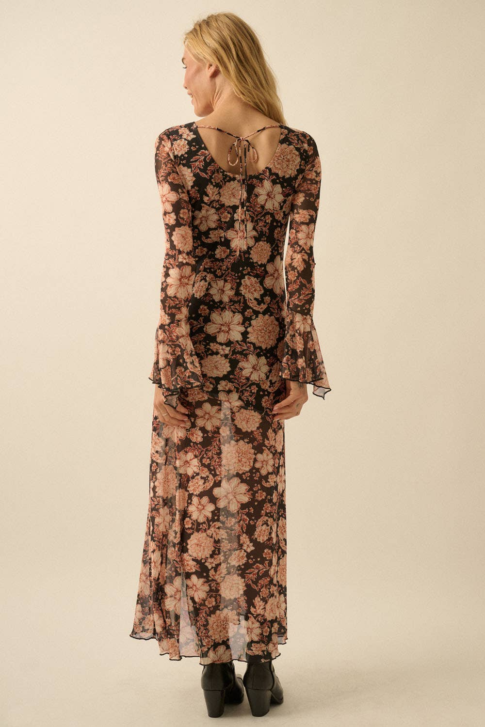 Floral Mesh Trumpet-Sleeve Asymmetrical Maxi Dress