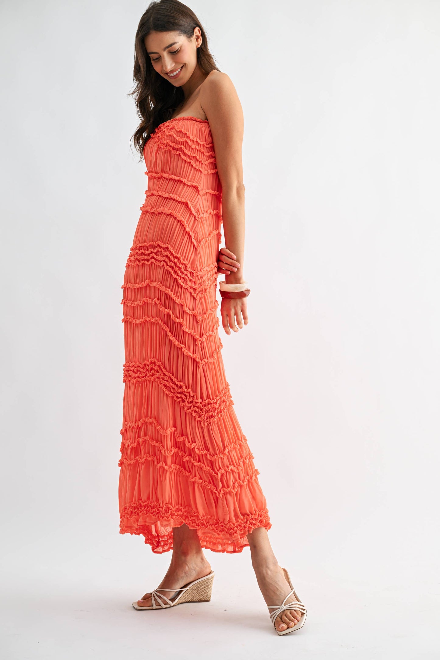 Strapless Textured Pleated Maxi Dress